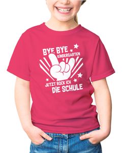 Kinder T-Shirt Mädchen Bye Bye Kindergarten Abschied Geschenk zur Einschulung Schulanfang Moonworks® pink 122-128 (7-8 Jahre)