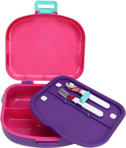 Lunchbox für Schüler, vierfache Frischhaltebox mit Schnallengriff, auslaufsicher, atmungsaktive Löcher, hitzebeständig, mit Löffel und Gabel(Rosa)