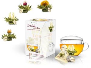 Creano ErblühTeelini Teeblumen Geschenkset mit Teeglas und 8 Teeblumen im Tassenformat