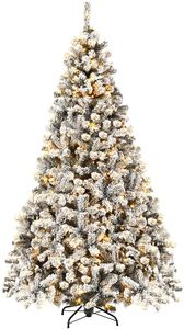 COSTWAY 225cm Künstlicher Weihnachtsbaum mit Schnee und warmweißen LED-Leuchten, Tannenbaum mit Metallständer, Christbaum PVC Nadeln, Kunstbaum Weihnachten Klappsystem