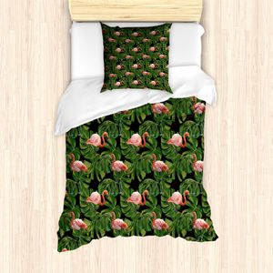 ABAKUHAUS Flamingo Bettbezug Set für Einzelbetten, Exotischer Vogel und Monstera, Milbensicher Allergiker geeignet mit Kissenbezug, 135 cm x 200 cm - 80 x 80 cm, Charcoal Grey Dark Salmon