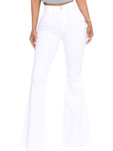 Damen High Waist Elastische Flare Jeans Casual Elastische Flare Hose Hose,Farbe:Weiß,Größe:L
