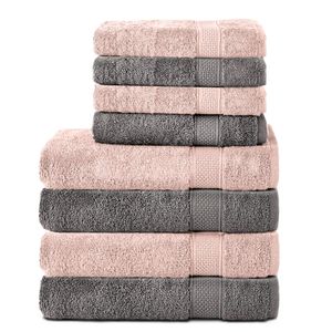 Komfortec 8er Handtuch Set aus 100% Baumwolle, 4 Badetücher 70x140 und 4 Handtücher 50x100 cm, Frottee, Weich, Groß, Anhtrazit Grau/Blütenrosa