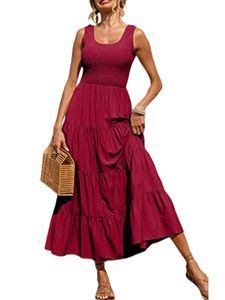 Damen Sommerkleider Rüschen Kleider Strandkleid Maxikleider Long Kleid Freizeitkleider Rot,Größe L