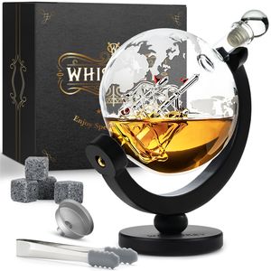 Whisiskey - Whisky Karaffe - Geschenke für Männer - Komplette Whiskey Set - Globus - 900ML – Inkl. 4 Whisky Steine, eine Zange & Ausgießer - Whisky Dekanter – Whiskygläser