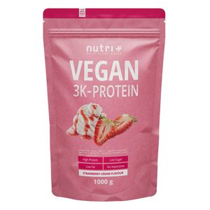 Protein Vegan 1kg - pflanzliches Eiweiß - nutri+ 3K-Proteinpulver - Veganes Eiweißpulver ohne Laktose & Milcheiweiß - Erdbeere-Sahne