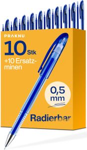 10 Radierbarer Kugelschreiber Blau - Nachhaltiges Set mit 10 Ersatzminen - Einfach zu radieren - Feine Stiftspitze 0,5mm