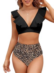 Damen High Waist Bikini Flash Split Badeanzug Sommermode Lässige Bademode,Farbe:Schwarz,Größe:EU 44