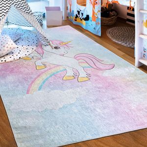 Mazovia Kinderzimmerteppich Antirutsch - Waschbar bis 30 Grad - Einhorn - Kurzflor Kinderteppich Teppich für Kinderzimmer -   - Teppiche Mädchen Bunt Rosa Pink 80 x 150 cm