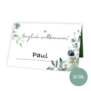 Tischkarten Hochzeit Eukalyptus Design, 50 Stück | Stilvolle Platzkarten Hochzeit | Herzlich Willkommen Namenskärtchen | Leicht beschriftbar - Namensschilder Hochzeit