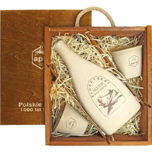 Klasztorny Met Dwójniak-Halber (Keramik) Geschenkset in einer Holzbox mit kleinen Keramikbechern | 500ml | 16% Alkohol Metwein | Polnische Produktion