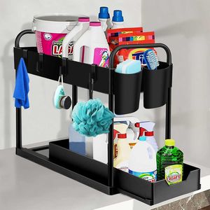 Unter Waschbecken Regal, 2 Etagen Küchen Organizer mit 4 Haken und 2 Tasse, Gewürzregal, Spülbecken Organizer, Küchenregal, Schwarz