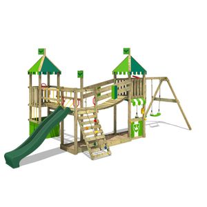 FATMOOSE Spielturm Klettergerüst CosyCastle mit Schaukel & grüner Rutsche, Kletterturm mit Sandkasten, Leiter & Spiel-Zubehör