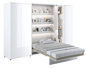 Wohnwand mit Schrankbett Bed Concept 120x200 Wandbett-Set Kleiderschrank Regalschrank Regal Led Beleuchtung Weiß/Weiß Hochglanz