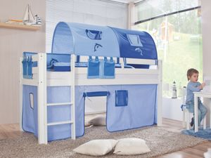 Relita - Halbhohes Spielbett Alex Buche massiv weiß lackiert mit Stoffset blau/delfin
