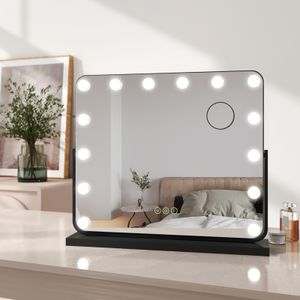 EMKE Hollywood Kosmetikspiegel 118x600x516mm mit 7x Vergrößerungsspiegel, Schwarz Schminkspiegel mit intelligent Touchscreen und 3 Lichtfarben, 14 Dimmer-LED-Leuchten, 360° drehbar und Memory-Funktion