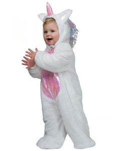 Baby Einhorn Kostüm für Kinder - Weiß Rosa | Plüsch Overall Faschingskostüm Märchen Fabelwesen Größe: 98