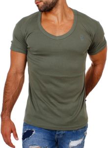Young & Rich Herren Uni feinripp Basic T-Shirt tiefer runder V-Ausschnitt slimfit deep round V-Neck einfarbig 1874, Grösse:M, Farbe:Militär-Grün