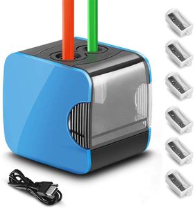 Elektrischer Spitzer Anspitzer Elektrisch Automatischer Bleistift Spitzmaschine USB oder Batteriebetriebener mit 6x Klingen Blau für Kinder