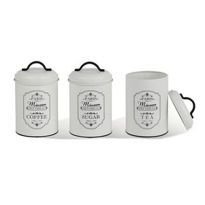 Paris 3er Vorratsdosen Set Aufbewahrungsdosen aus Metall Dose Zucker Kaffee Tee Küchenbehälter Sugar Coffee Tea 3x Ø11,3 x 18,5cm Weiß/schwarz