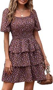 Damen Sommerkleid 2024 mit Blumenmuster - Kurzes Kleid mit Quadratischem Ausschnitt, Kurzen Ärmeln, Gestuftem Rüschensaum im Boho-Stil
