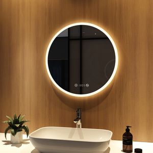 Meykoers LED Spiegel Rund 60 cm Lichtspiegel Multifunktionaler Spiegel Zeit und Temperaturanzeige mit Entfogging-Funktion Spiegel