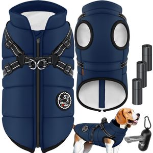 LOVPET® Hundejacke Hundemantel mit Geschirr, inkl. 45 Stück Kotbeutel + Spender, Hunde Winterweste gefüttert wasserdicht, Gepolsterte Weste Mit Brustgurt, Reflektoren , Navyblau, XL