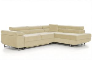 Narożnik z funkcją spania PASTI w kształcie litery L, sofa rozkładana z pojemnikiem na pościel, narożnik, sofa rozkładana, kanapa z funkcją spania beżowa otomana prawa