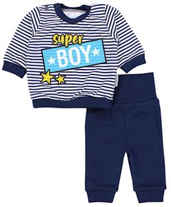TupTam Baby Jungen Outfit Langarmshirt mit Print Spruch Babyhose Babykleidung 2teilig, Farbe: Super Boy Streifen Weiß / Dunkelblau, Größe: 86