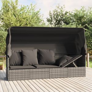 Ankonbej Outdoor-Loungebett mit Dach und Kissen Grau Poly Rattan