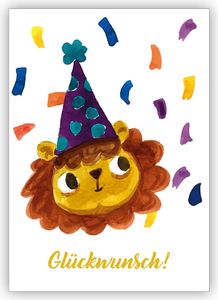 Fröhliche gemalte Grußkarte mit Party Löwe als Glückwunschkarte zum Übertritt, Einschulung, Geburtstag und was es noch zu feiern gibt: Glückwunsch