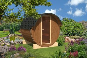 Finn Art  Fass-Sauna Ove 5, ohne Saunaofen, Dachschindeln schwarz - Hexagonal