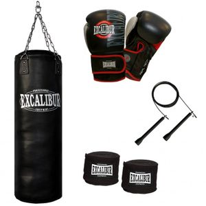 MAXXUS EXCALIBUR Boxsack Set - 12oz, Gefüllt und Hängend, 4ft Punchingsäcke, inkl. Boxhandschuhe, Boxbandagen und Springseil, für Erwachsene - Boxsack-Set, Punching Bag, Kickboxen, MMA