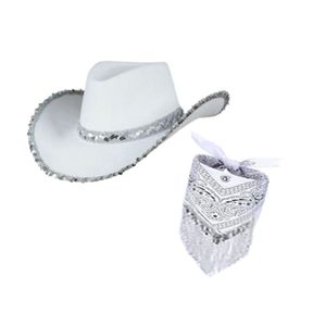 2 Stück Cowboy Cowgirl Hut, Westlicher Cowboy Halstuch, Cowboyhut mit Pailletten, Rosa Cowgirl Hut, Westlicher Hut mit großer Krempe, Cowboy Kostümzubehör für Erwachsene Partyhut  (Weiß)