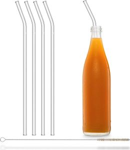 HALM Glas-Strohhalme Wiederverwendbar Trinkhalm - 4 Stück gebogen 30 cm Stanley Cup Quencher Tumbler + Reinigungsbürste Spülmaschinenfest - Nachhaltig - Glastrinkhalme für Trinkflaschen