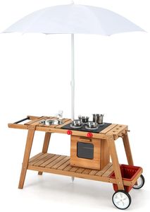 GOPLUS Kinderküche Outdoor mit Sonnenschirm, Spielküche aus Holz mit 4 Edelstahlpfannen, Spüle, Kochbank, & Küchenzubehör, Garten Outdoorküche (Weiß)