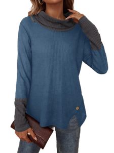 Damen Baggy Sweatshirts Spleiß Tunika Bluse Basic Knöpfe Dekor T-Shirt Patchwork, Farbe:Denim Blue, Größe:2xl