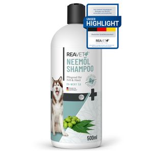 REAVET Hundeshampoo - Neemöl gegen Milben, Flöhe, Zecken & Parasiten, 500ml - Parasiten Shampoo, alle Rassen, angenehmen Duft & auf Hundehaut angepasst, Welpen geeignet