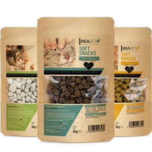 REAVET Soft Snacks (3x80g) – Katzen Leckerlies Extra Soft Ohne Getreide und Zucker I Weiches proteinreiches Katzenleckerli I Katzensnack, Natur Snack für Katzen