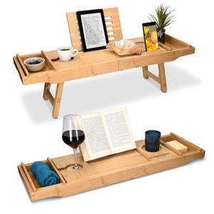 Navaris Bambus Badewannenablage Frühstückstablett ausziehbar - Buch Ablage Weinglas Halterung - Tablett für Badewanne und Bett - aus Holz in Braun