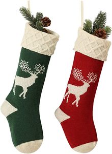 ASKSA 2pc Christmas Stockings Knitted Reindeer Pattern Hanging Socks Holiday Party Decoration 46cm