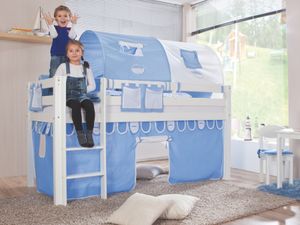 Relita - Halbhohes Spielbett Alex Buche massiv weiß lackiert mit Stoffset blau/boy