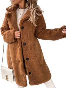 Damen Button Down Fleece Fuzzy Coat Winter Feste Farbe Plüsch-Mocke Warme Revers Sherpa-Jacke, Farbe: Braun, Größe: 2Xl