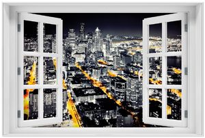 Wallario Wandbild mit Fenster-Illusion: Großstadt bei Nacht - Seattle in schwarz weiß gelb, Größe: 61 x 91,5 cm, Poster mit weißem Aluminiumrahmen