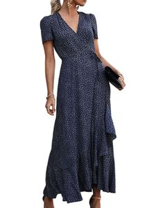 Damen Sommerkleider V-Ausschnitt Maxikleider Blumenmuster Kurzarm Langes Kleid Blau,Größe M