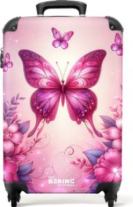 NoBoringSuitcases.com Kinder Handgepäck Koffer 55x35x20 cm, 36L, Niedliche Drucke für Mädchen: Rosa - Schmetterlinge, Reisekoffer mit 4 Rollen