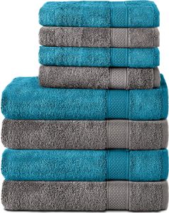 Komfortec 8er Handtuch Set aus 100% Baumwolle, 4 Badetücher 70x140 und 4 Handtücher 50x100 cm, Frottee, Weich, Towel, Groß, Anthrazit Grau/Türkis Komfortec 8er Handtuch Set aus 100% Baumwolle, 4 Badetücher 70x140 und 4 Handtücher 50x100 cm, Frottee, Weich, Towel, Groß, Anthrazit Grau/Türkis
