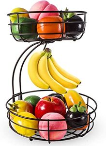 2-stöckiger Obstkorb mit Bananenhalter, Obstschale, Gemüsekorb, aus Metall, Stehende tägliche Küchenaufbewahrung, Obstkorb, Obstständer (Bronze)