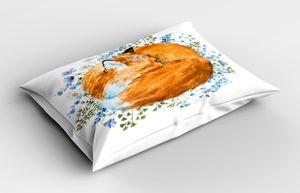 ABAKUHAUS Fuchs Kopfkissenbezug, Schlafender Fox in der Aquarell-Hand gezeichneten frischen Blumen-Grafik der wilden Blumen, 40x80 cm, Orange Blue Olivgrün