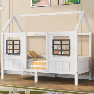 Dětská postel Merax 90x200 cm s ochranou proti vypadnutí, denní postel s roštovým rámem a 2 okny, podlahová postel z masivního dřeva, jednolůžko pro chlapce a dívky, bílá